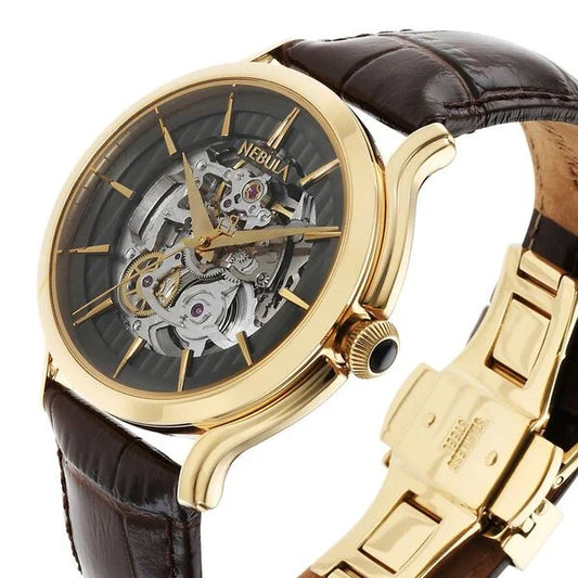 Titan Nebula Art Deco 18k Gold Skeleton Automatic Swiss calibre Leather Strap Watch for Men