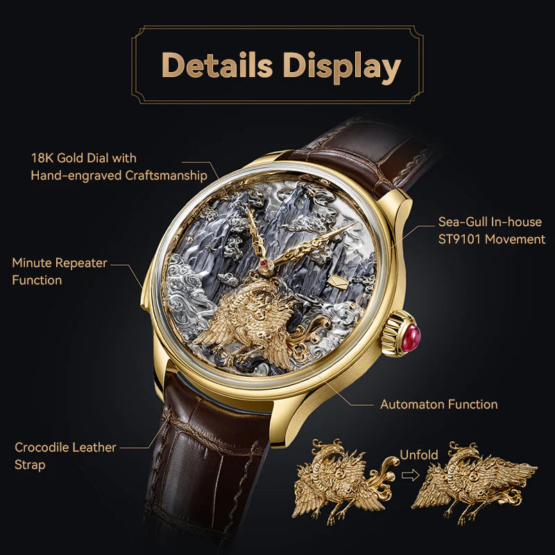 Tourbillon | Three-Legged Golden Crow | Minute Repeater | Gold-Carved | Automaton | 46mm