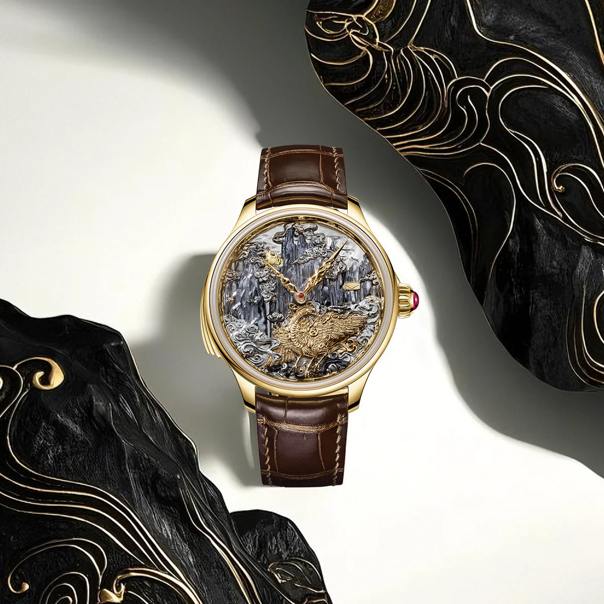 Tourbillon | Three-Legged Golden Crow | Minute Repeater | Gold-Carved | Automaton | 46mm