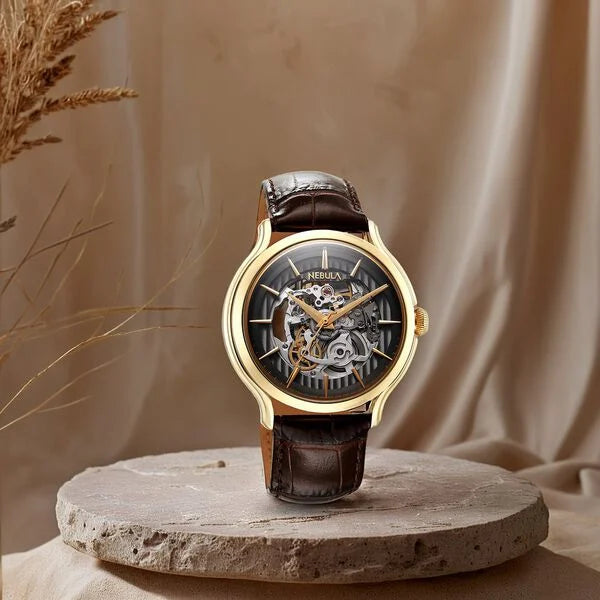 Titan Nebula Art Deco 18k Gold Skeleton Automatic Swiss calibre Leather Strap Watch for Men