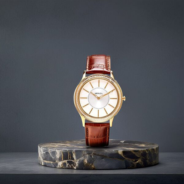 Titan Nebula Vintage 18k Gold Analog Diamond Studded Bezel Leather Strap Watch for Men