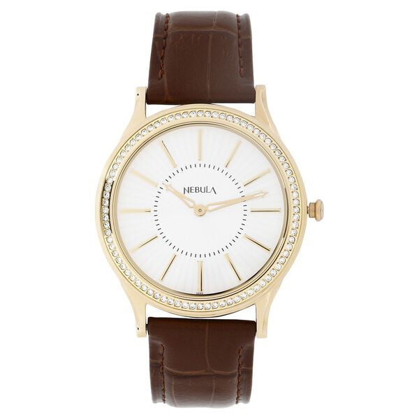 Titan Nebula Vintage 18k Gold Analog Diamond Studded Bezel Leather Strap Watch for Men