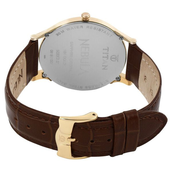 Titan Nebula Vintage 18k Gold Analog Diamond Studded Bezel Leather Strap Watch for Men