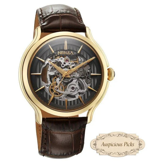 Titan Nebula Art Deco 18k Gold Skeleton Automatic Swiss calibre Leather Strap Watch for Men