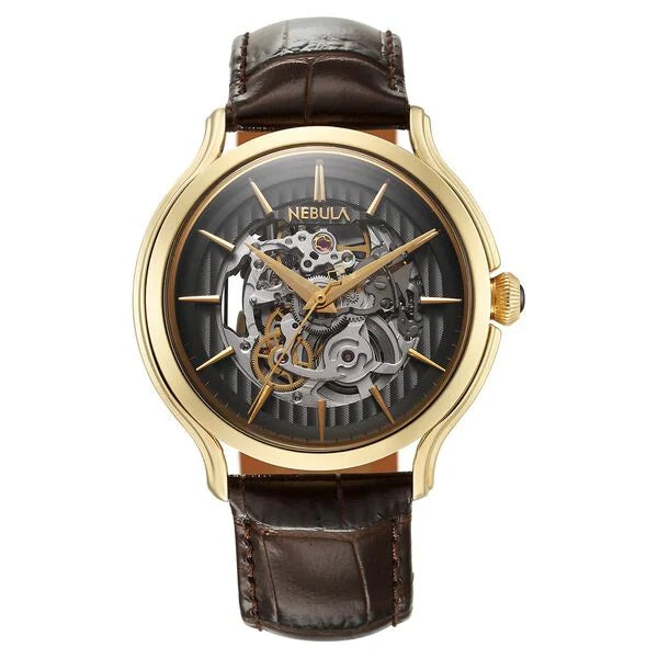Titan Nebula Art Deco 18k Gold Skeleton Automatic Swiss calibre Leather Strap Watch for Men
