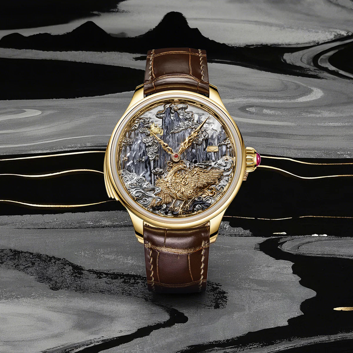 Tourbillon | Three-Legged Golden Crow | Minute Repeater | Gold-Carved | Automaton | 46mm