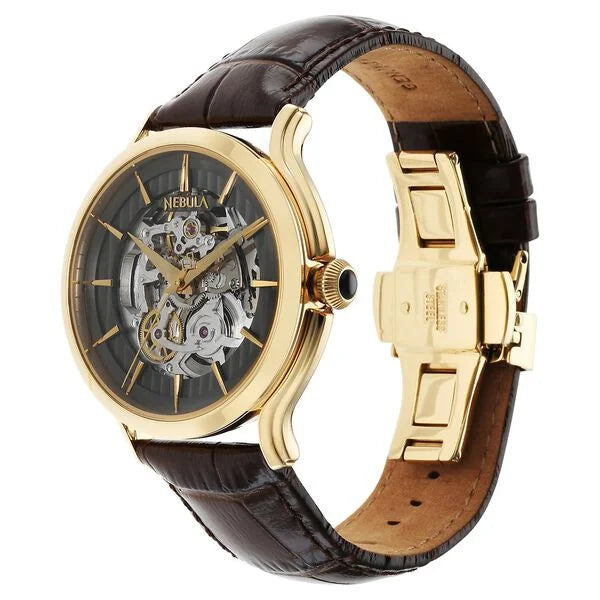 Titan Nebula Art Deco 18k Gold Skeleton Automatic Swiss calibre Leather Strap Watch for Men