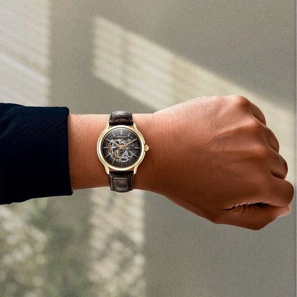 Titan Nebula Art Deco 18k Gold Skeleton Automatic Swiss calibre Leather Strap Watch for Men