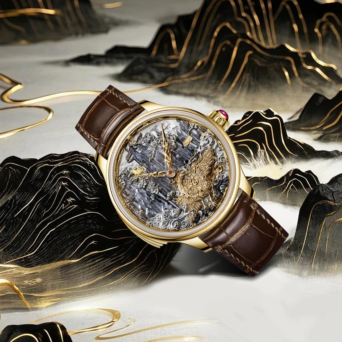 Tourbillon | Three-Legged Golden Crow | Minute Repeater | Gold-Carved | Automaton | 46mm